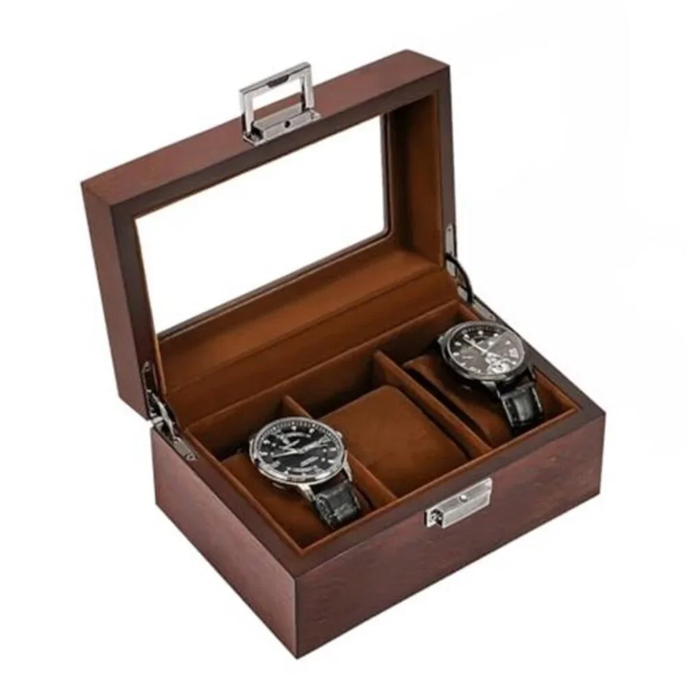 Wooden Watch Box for Men, 3 Slot Watch Display Case with Glass Lid